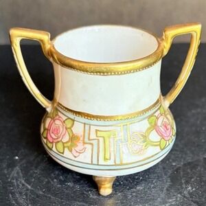 Antique RC Nippon Hand Painted‎ Porcelain Rose Floral Moriage Tripod Mini Urn